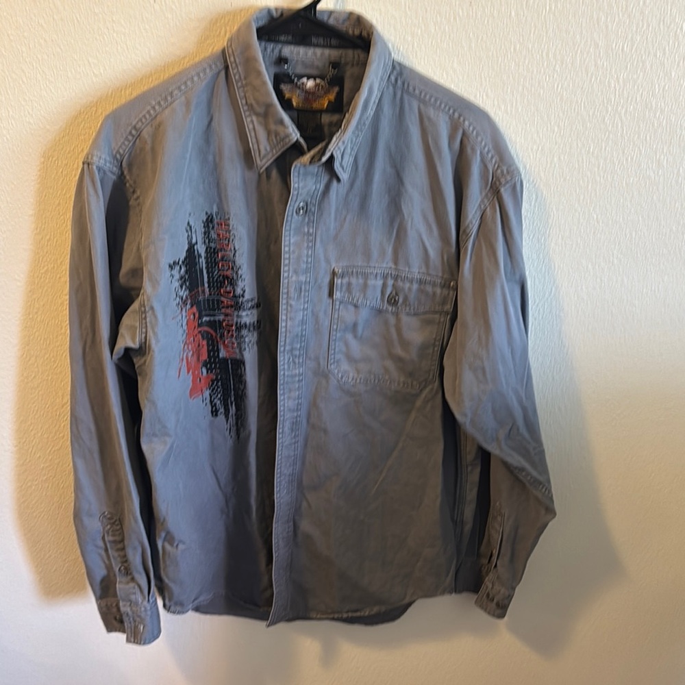 mens harley davidson canvas button down collared shirt gray  long sleeve